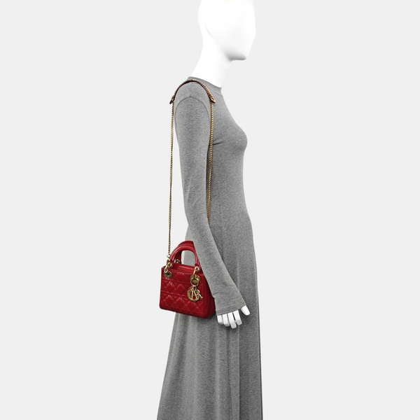 Lady Dior Mini Cannage Patent Calfskin Red