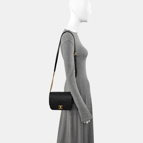 Quilted Grained Calfskin Shoulder Bag Black