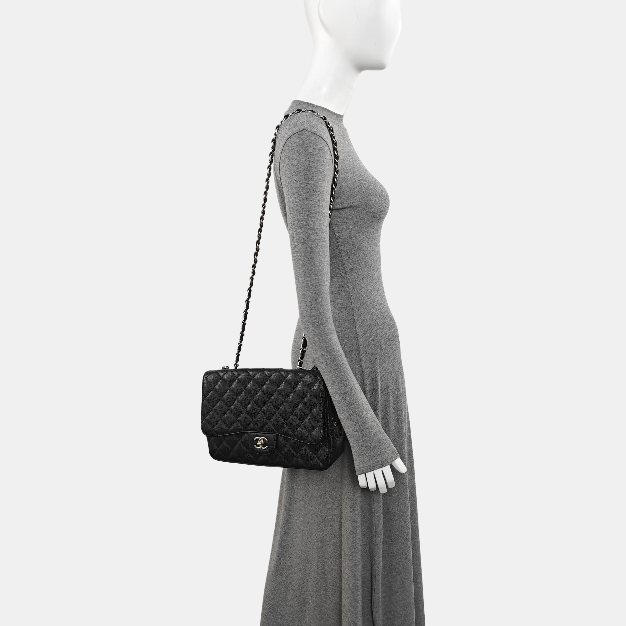 Quilted Grained Calfskin Shoulder Bag Large Black