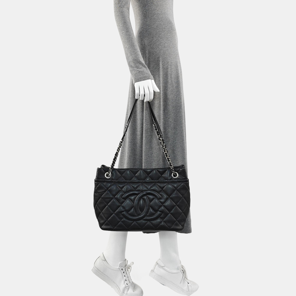 Quilted Grained Calfskin Tote Bag Black