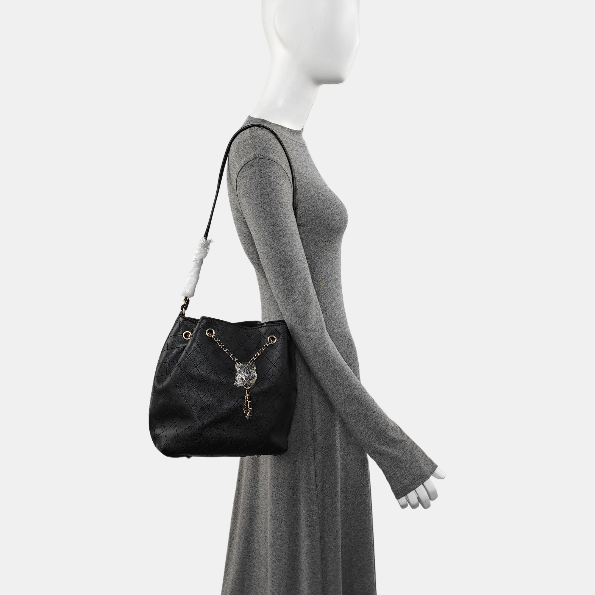 Quilted Calfskin Bucket Bag Black