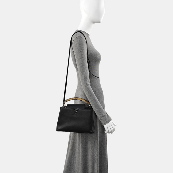 Authenticated pre-owned  CAPUCINES Calfskin Black - Top Handle Bag at Looply