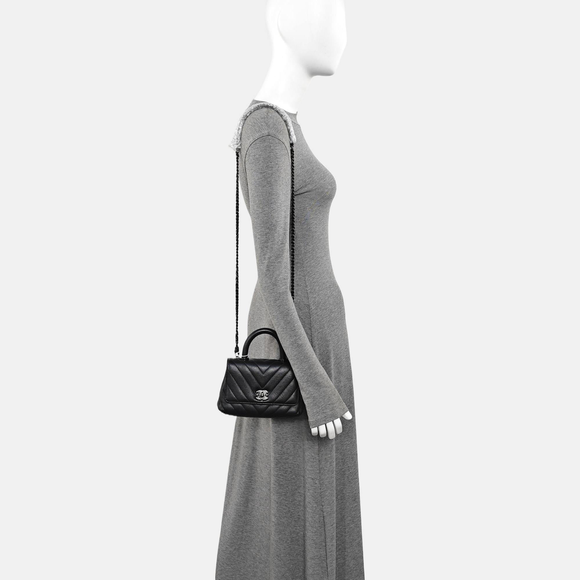 COCO HANDLE Mini Chevron Grained Calfskin Black