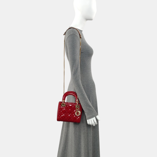 Lady Dior Mini Cannage Patent Calfskin Red