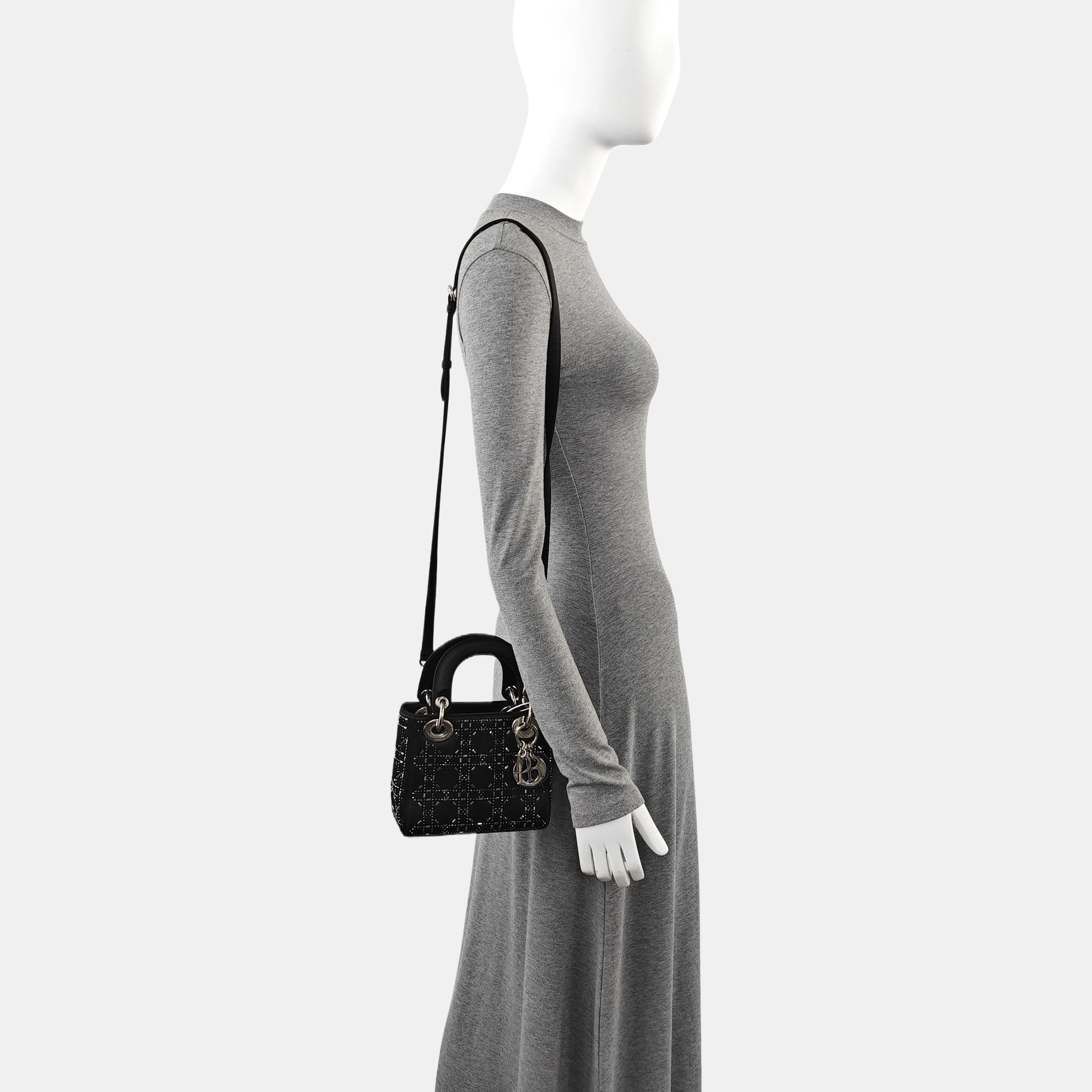 Authenticated pre-owned  Lady Dior Mini Silk Satin Black - Tote Bag at Looply