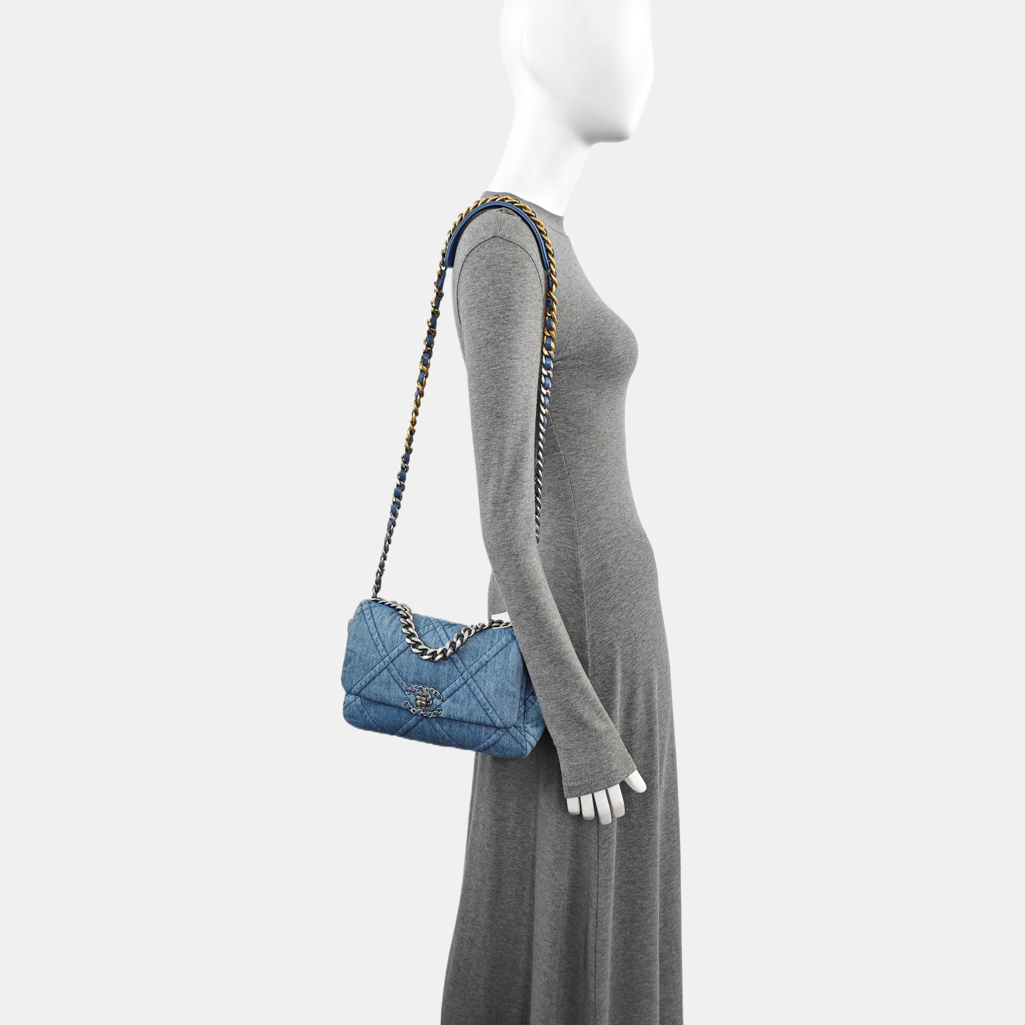 CHANEL 19 Small Quilted Canvas Blue