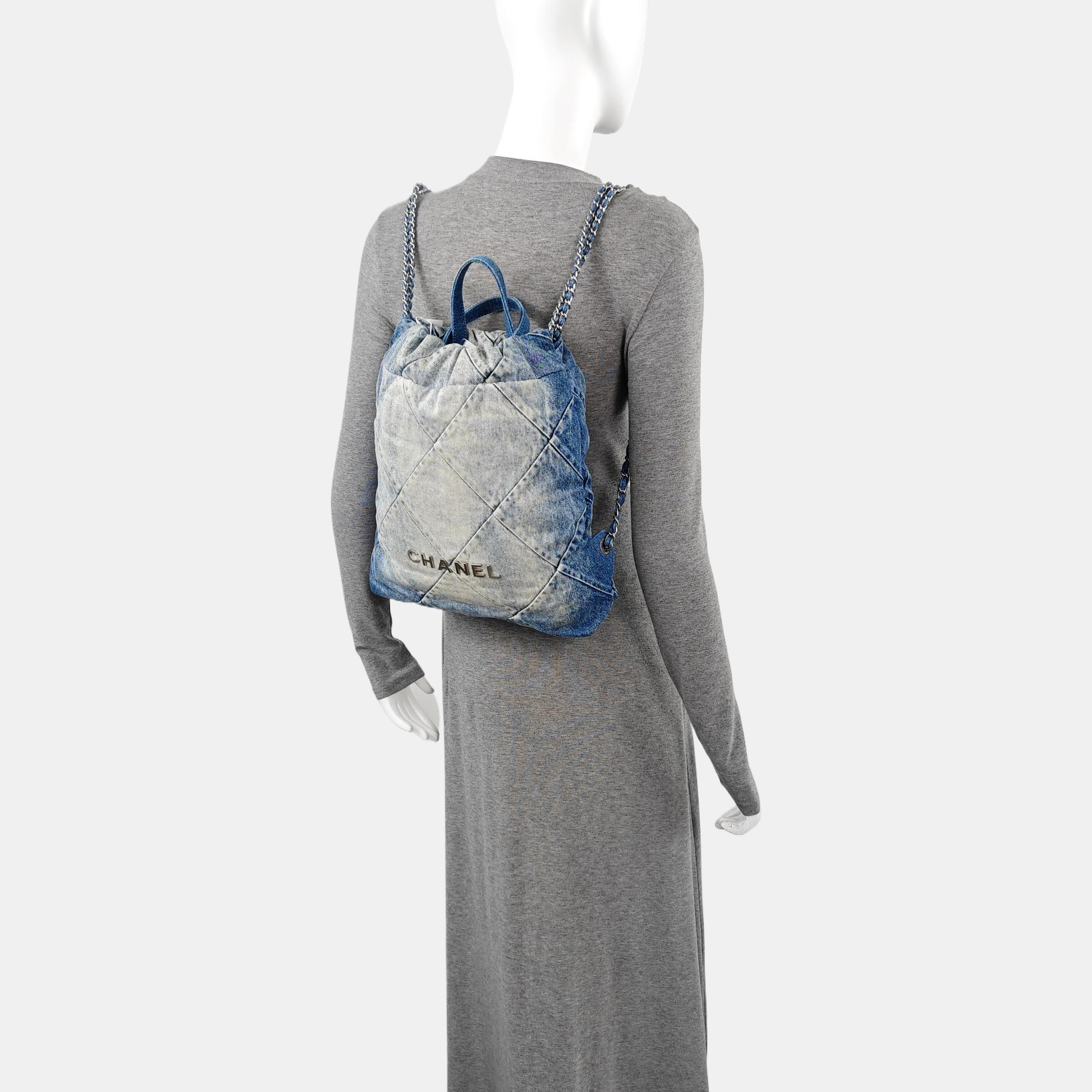 CHANEL 22 Small Quilted Denim Blue