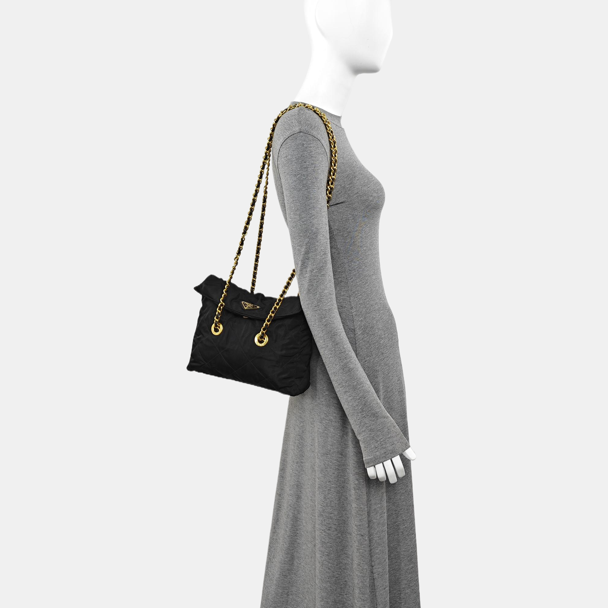 Quilted Nylon Shoulder Bag Black