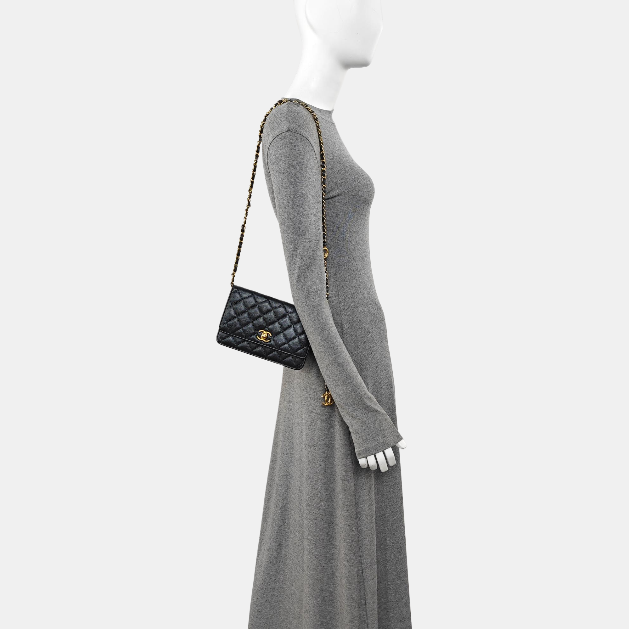 Quilted Grained Calfskin Shoulder Bag Black