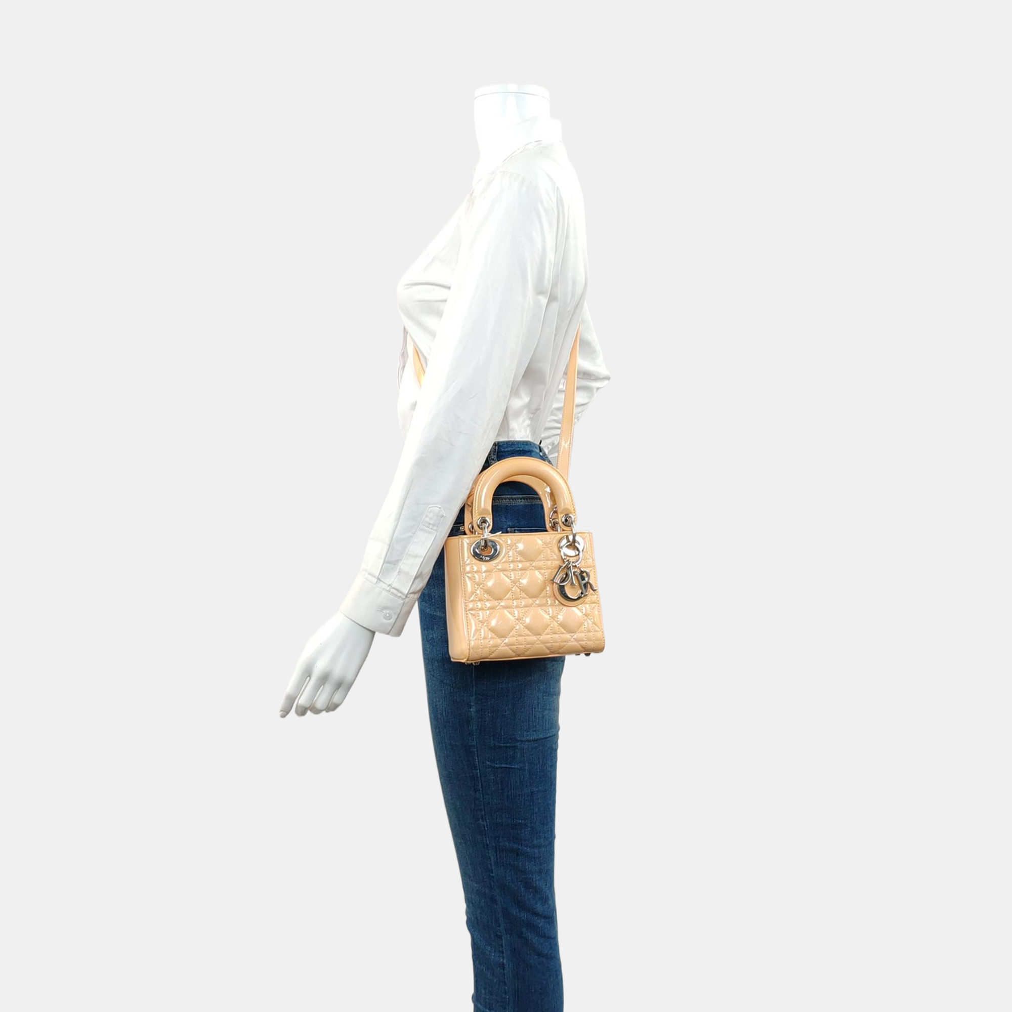 Authenticated pre-owned  Lady Dior Mini Cannage Patent Leather Beige - Tote Bag at Looply