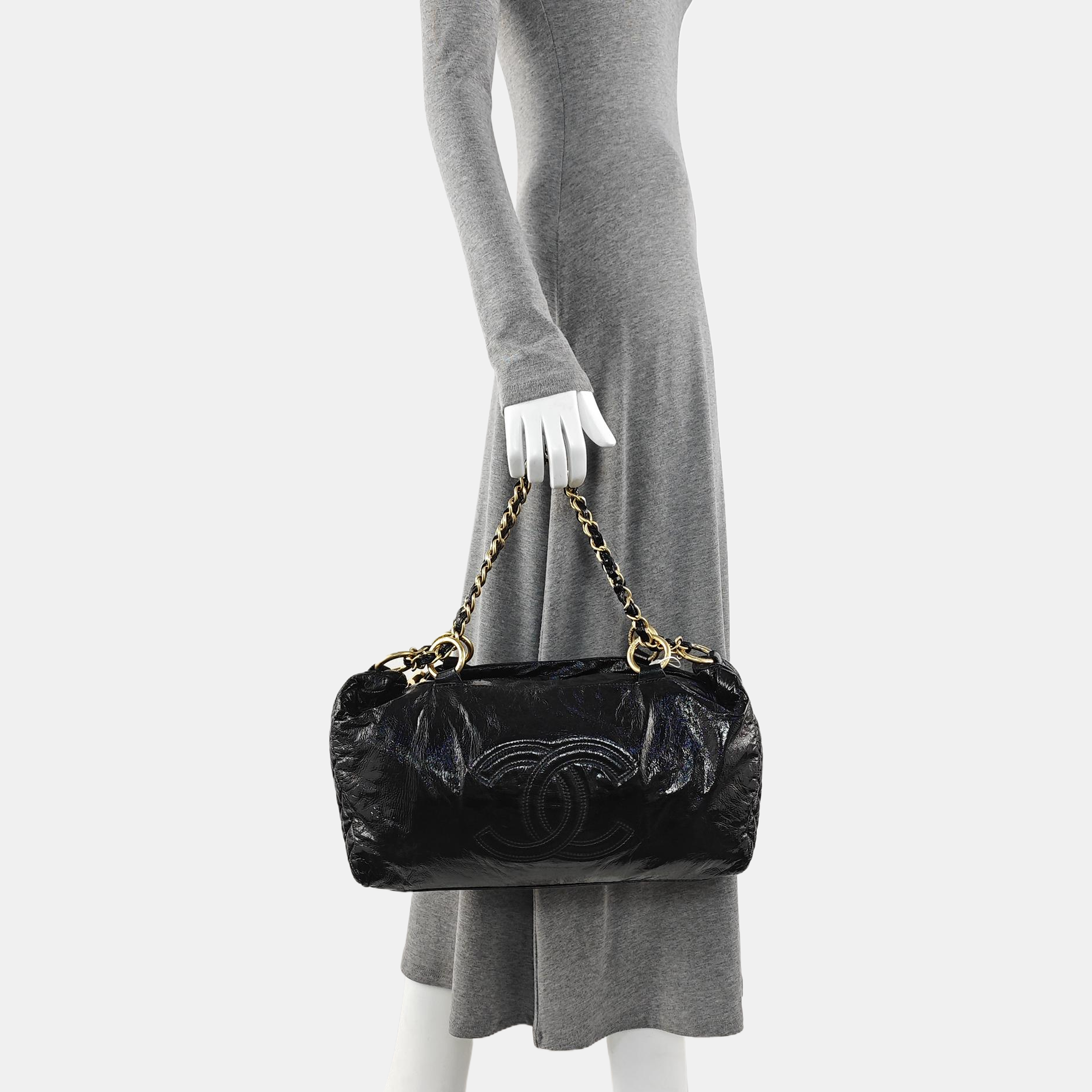 Quilted Patent Leather Top Handle Bag Black