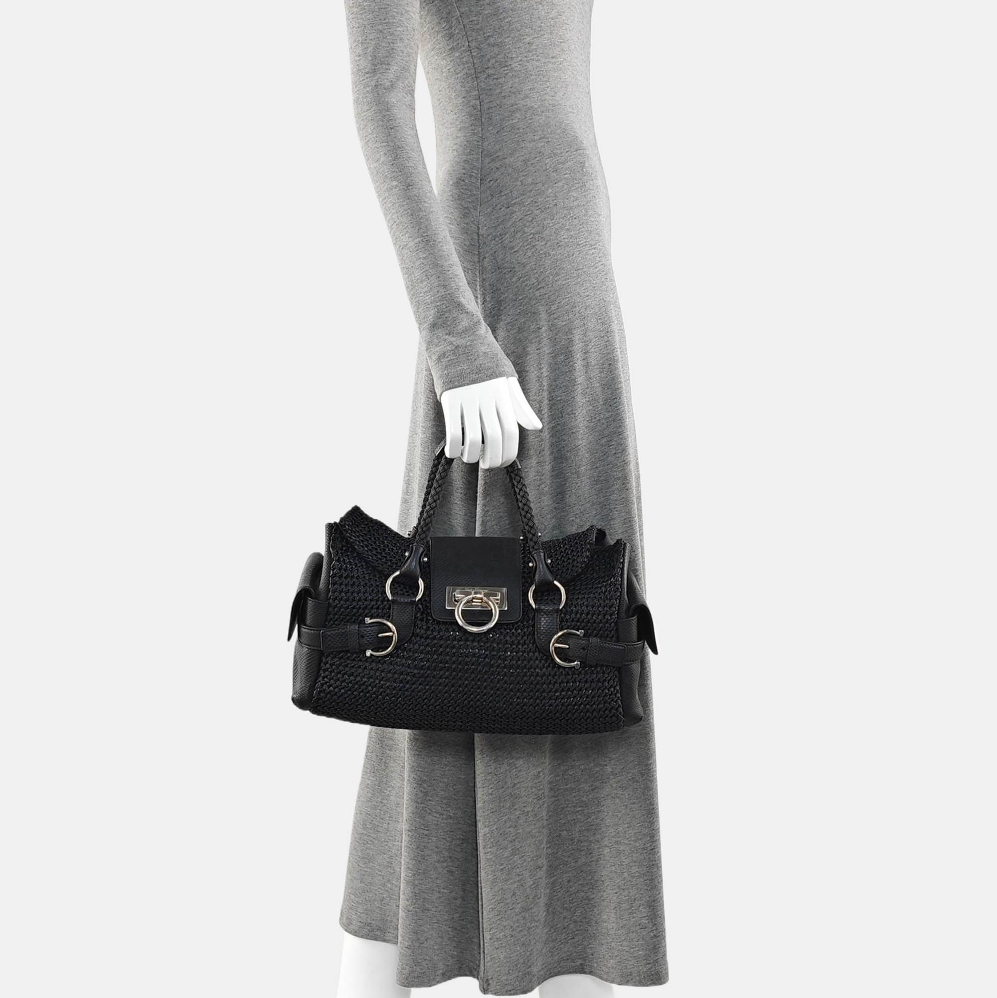 Straw Top Handle Bag Black