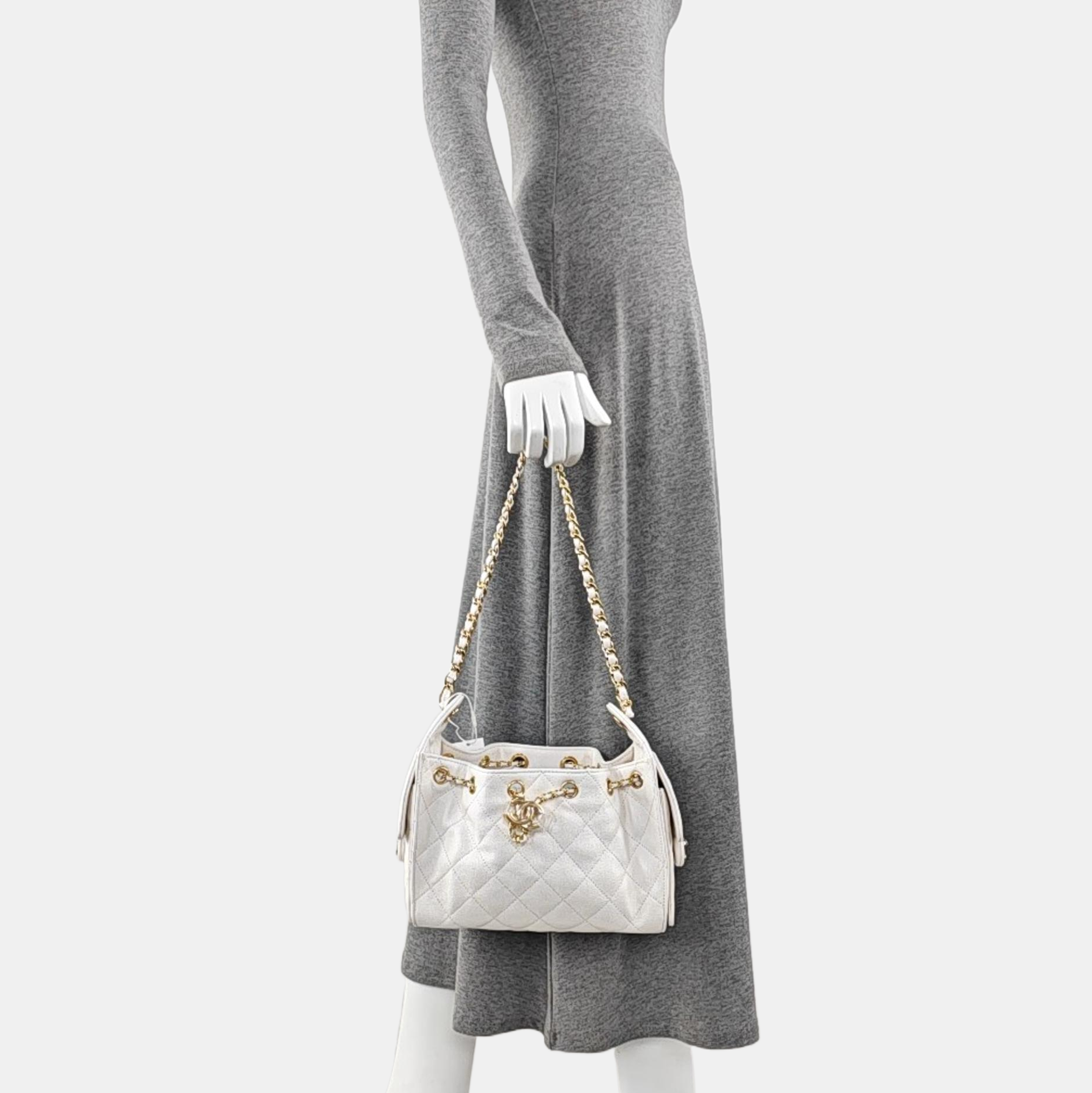 CHANEL 25 Mini Quilted Grained Calfskin White