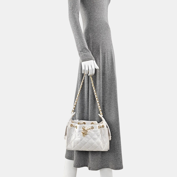 CHANEL 25 Mini Quilted Grained Calfskin White
