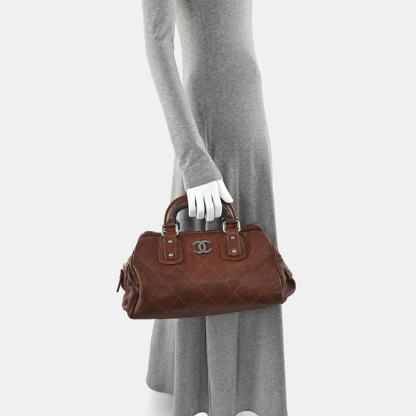 Quilted Grained Calfskin Top Handle Bag Brown