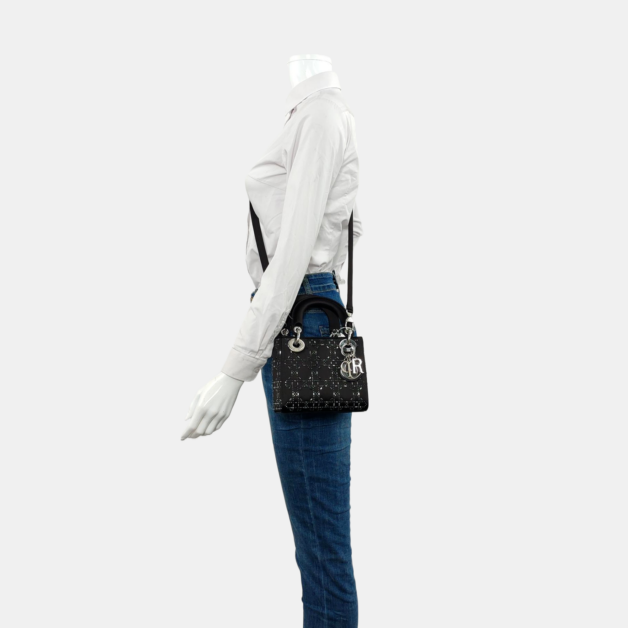 Authenticated pre-owned  Lady Dior Mini Cannage Silk Satin Black - Tote Bag at Looply