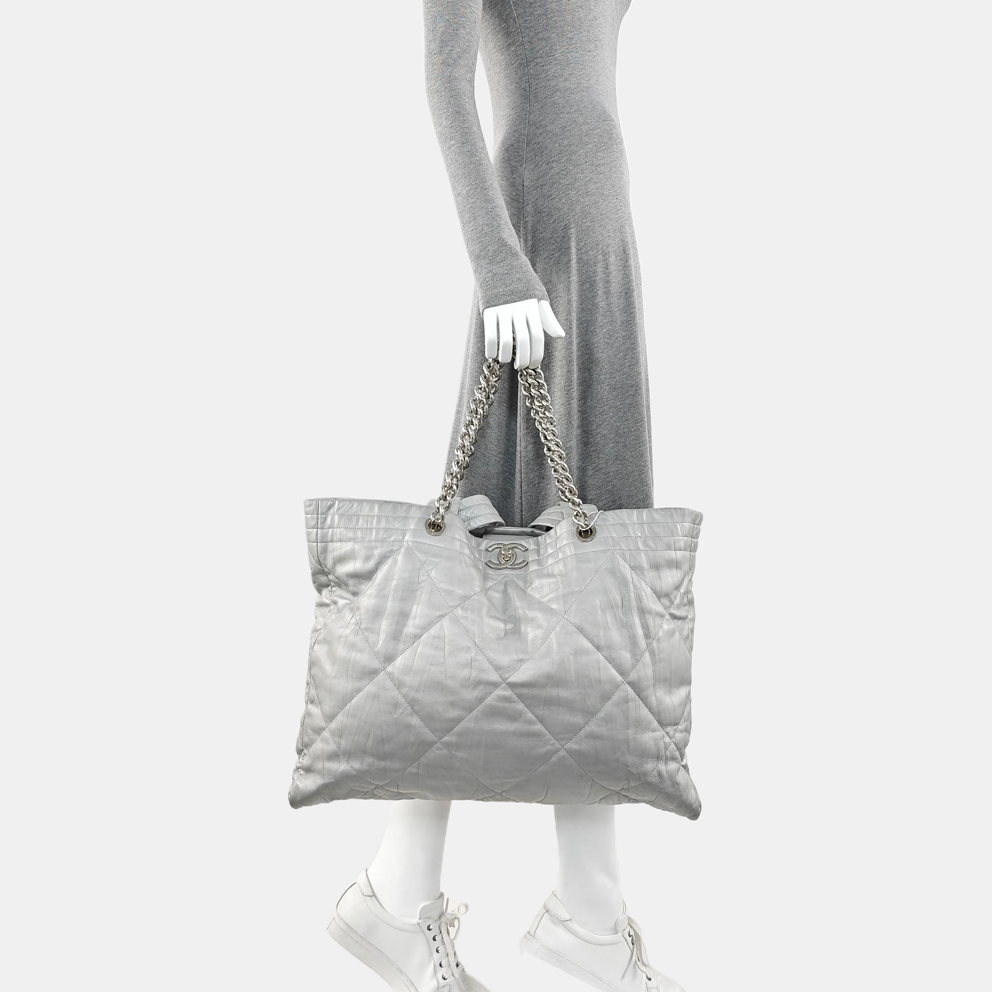 Quilted Calfskin Tote Bag Silver