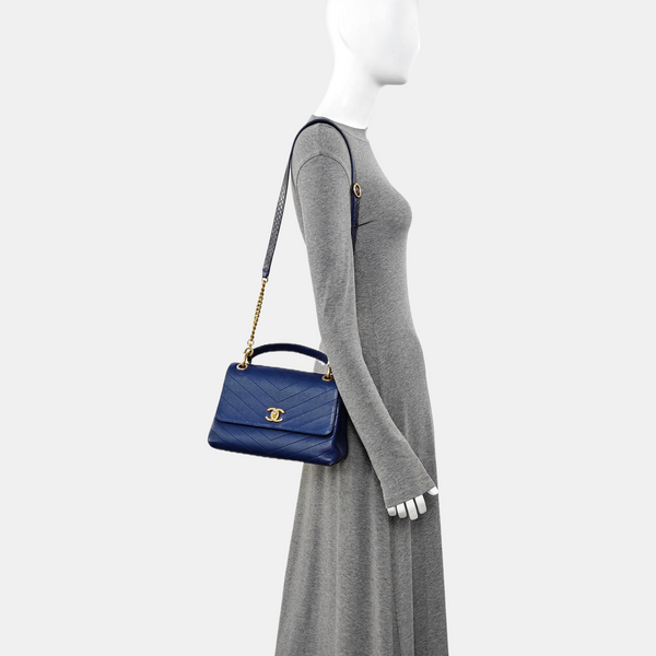 Chevron Calfskin Shoulder Bag Blue