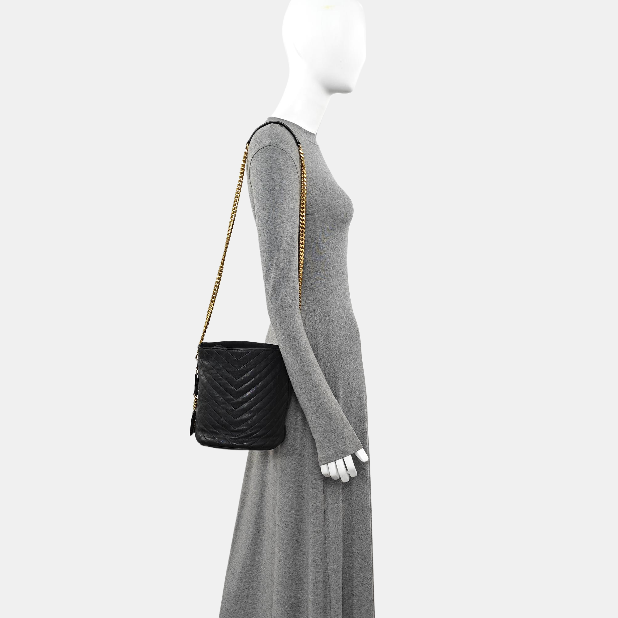 Chevron Calfskin Bucket Bag Black