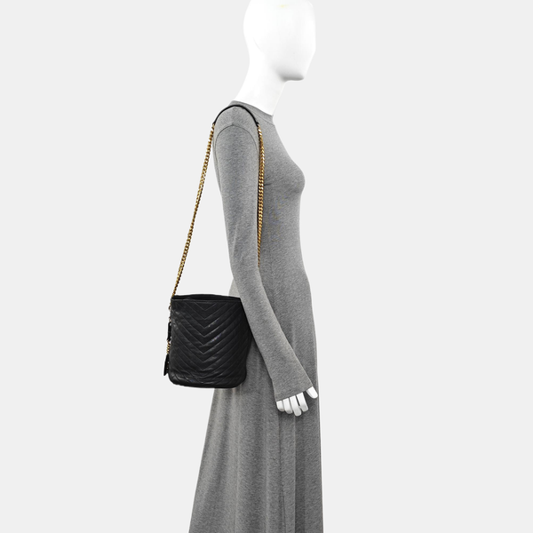 Chevron Calfskin Bucket Bag Black