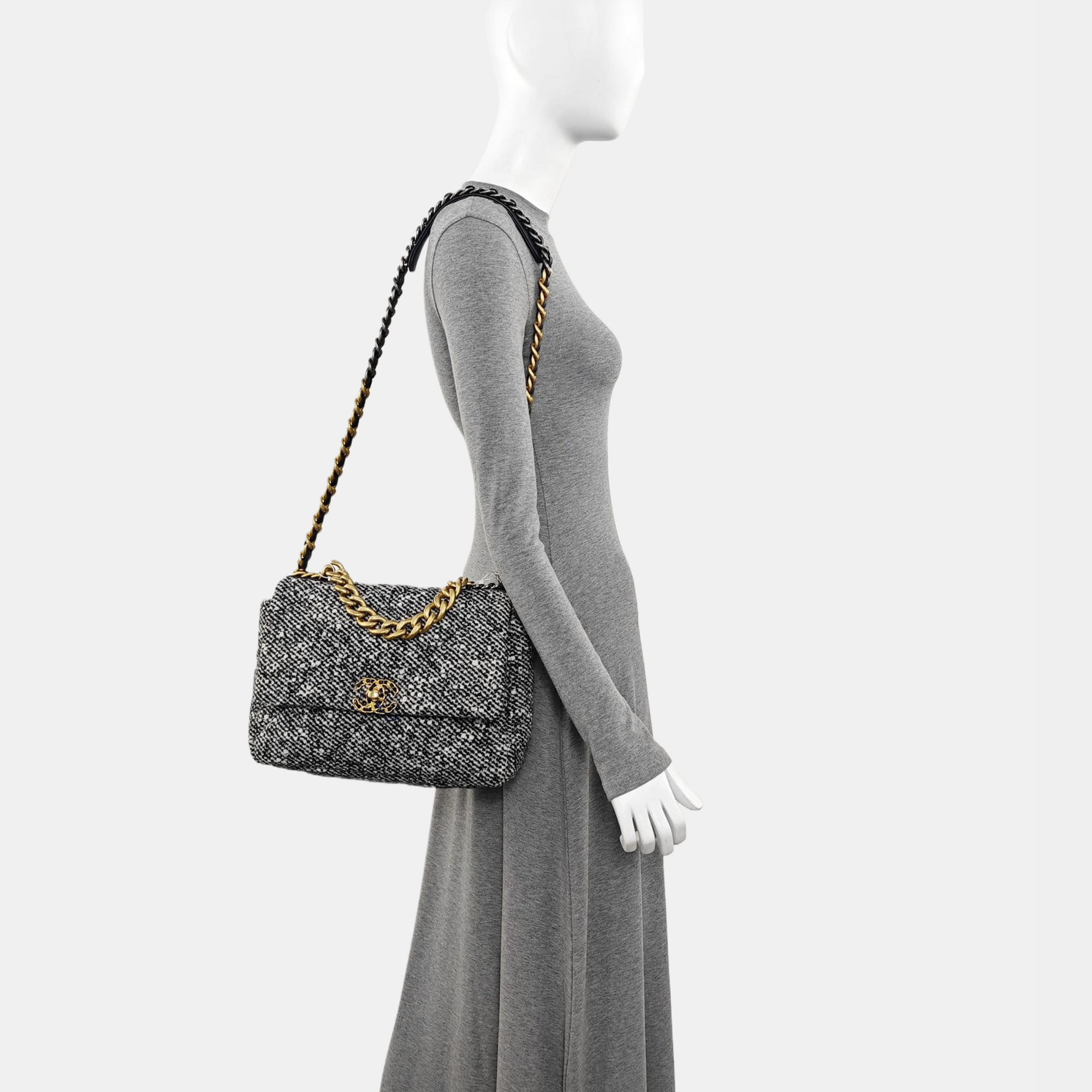 CHANEL 19 Large Quilted Wool Gray