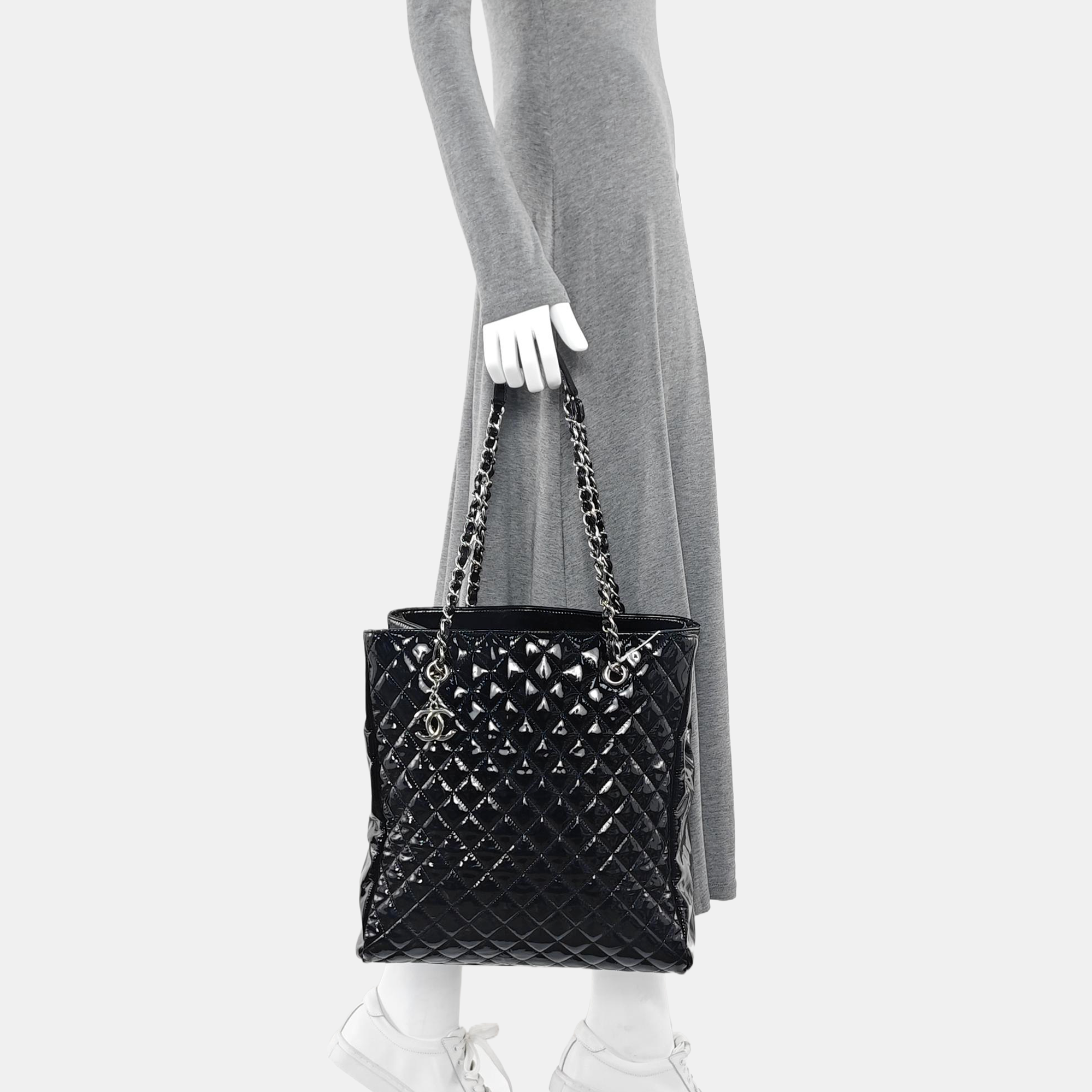 Quilted Patent Leather Tote Bag Black