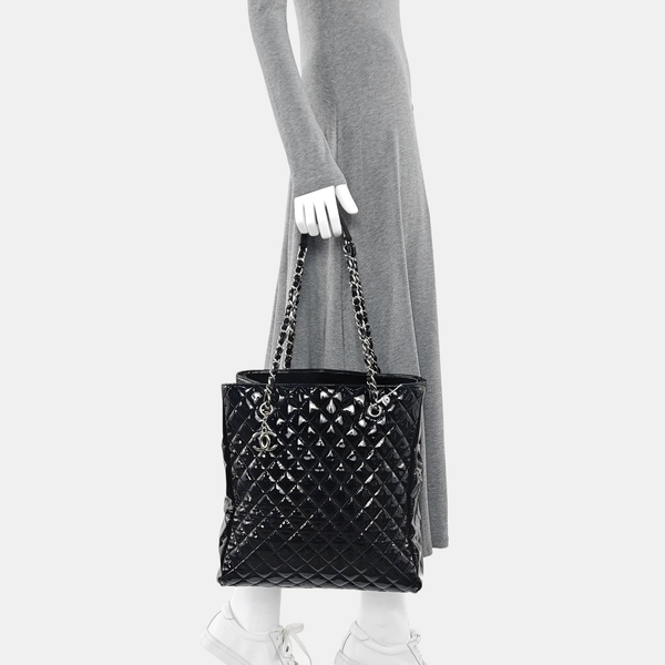 Quilted Patent Leather Tote Bag Black