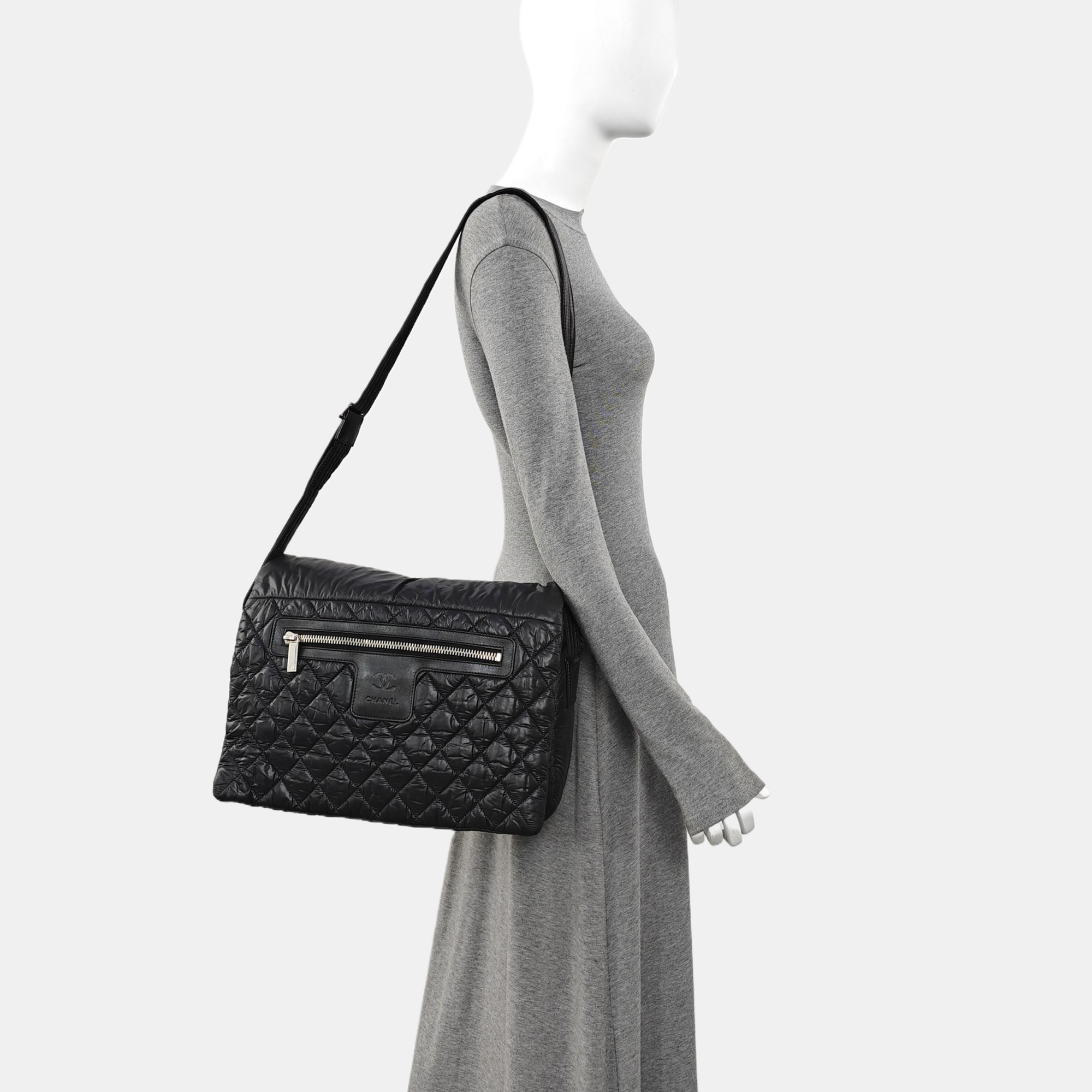 Quilted Nylon Shoulder Bag Black