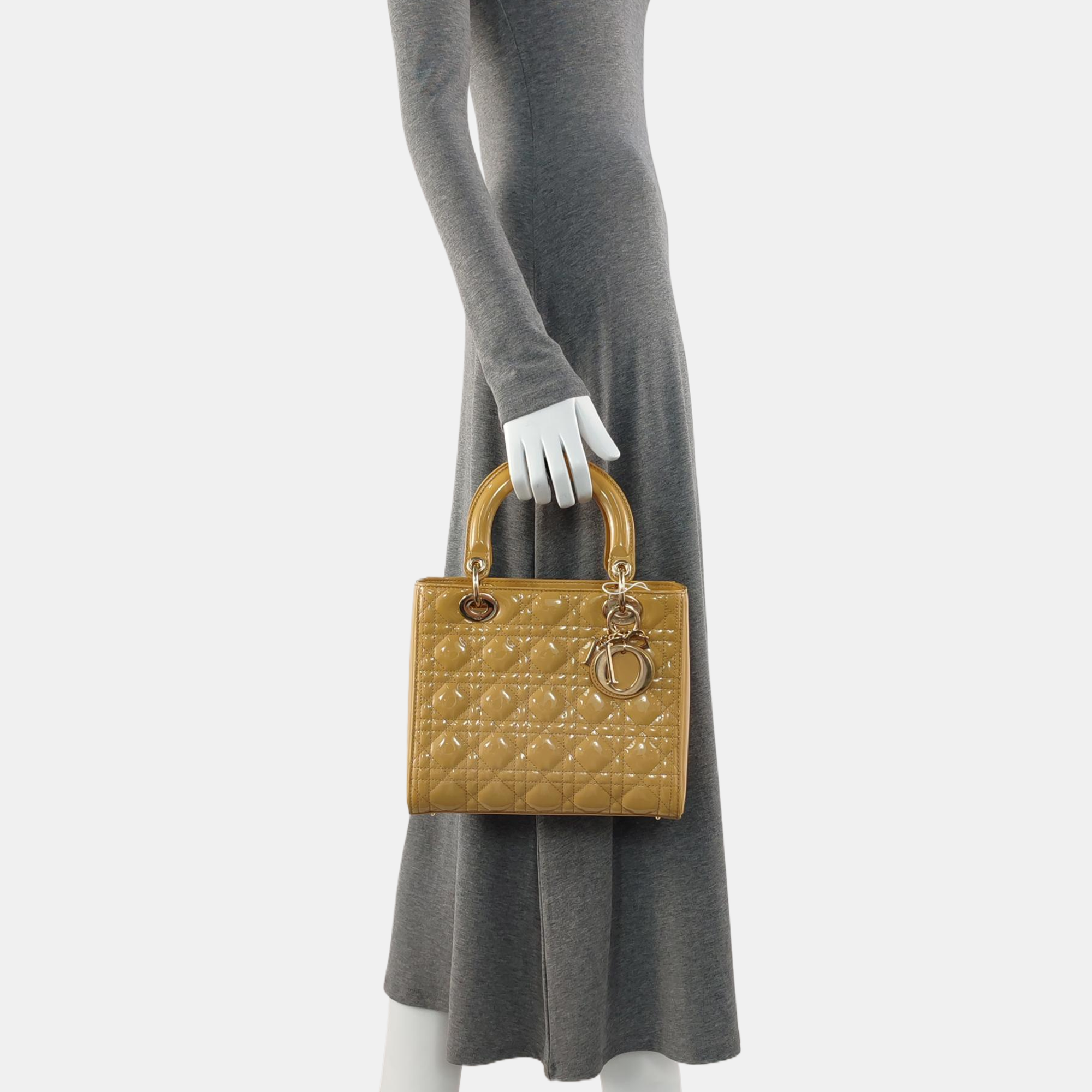 Authenticated pre-owned  Lady Dior Medium Quilted Patent Leather Beige - Top Handle Bag at Looply