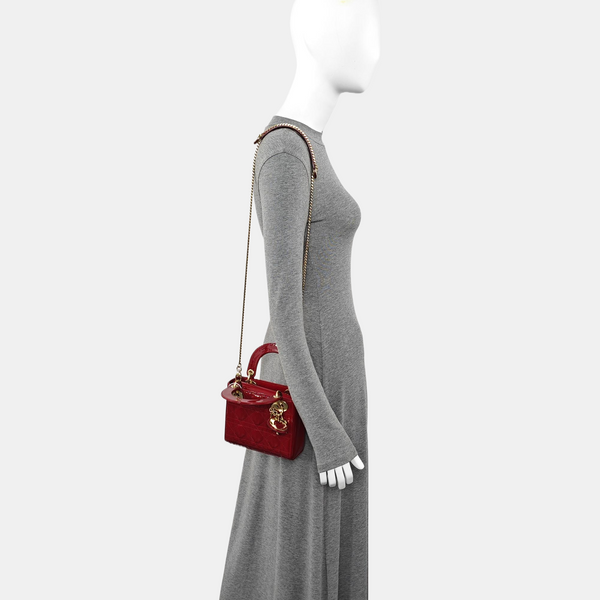 Lady Dior Mini Cannage Patent Calfskin Red