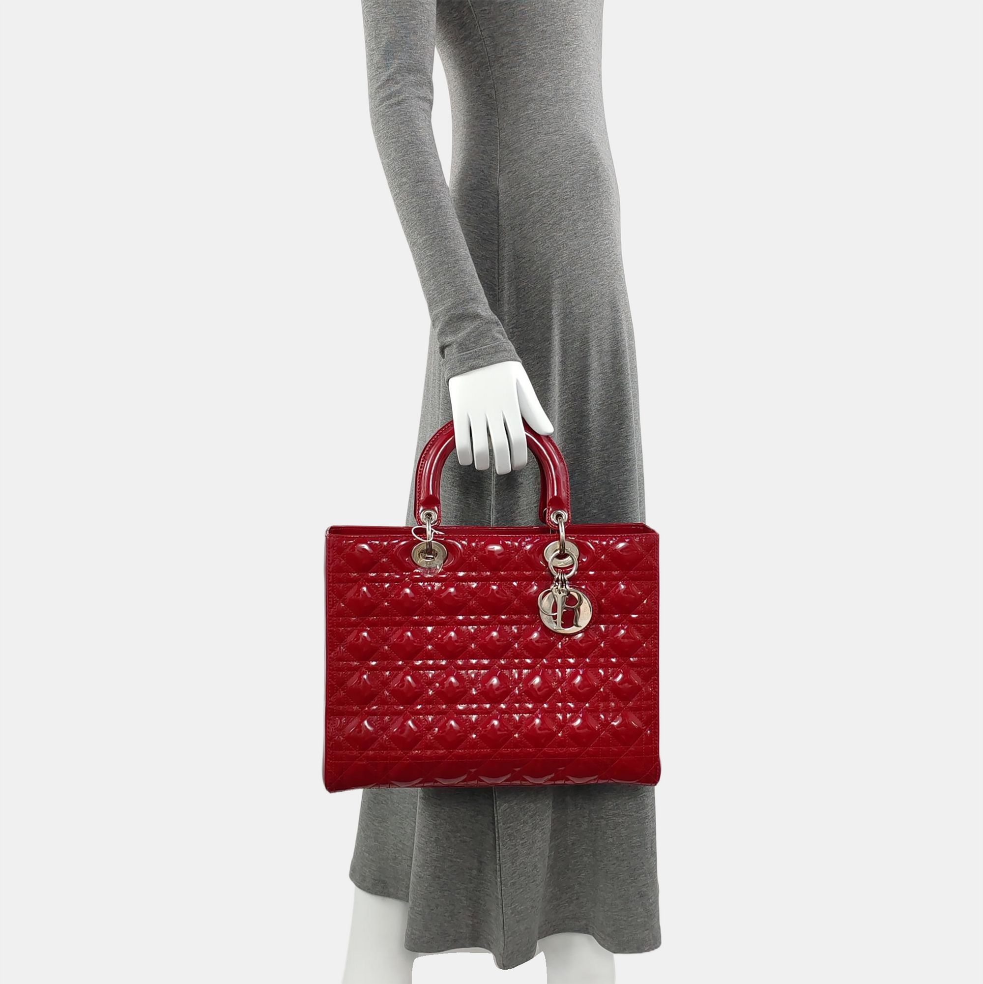 Authenticated pre-owned  Lady Dior Large Cannage Patent Leather Red - Tote Bag at Looply