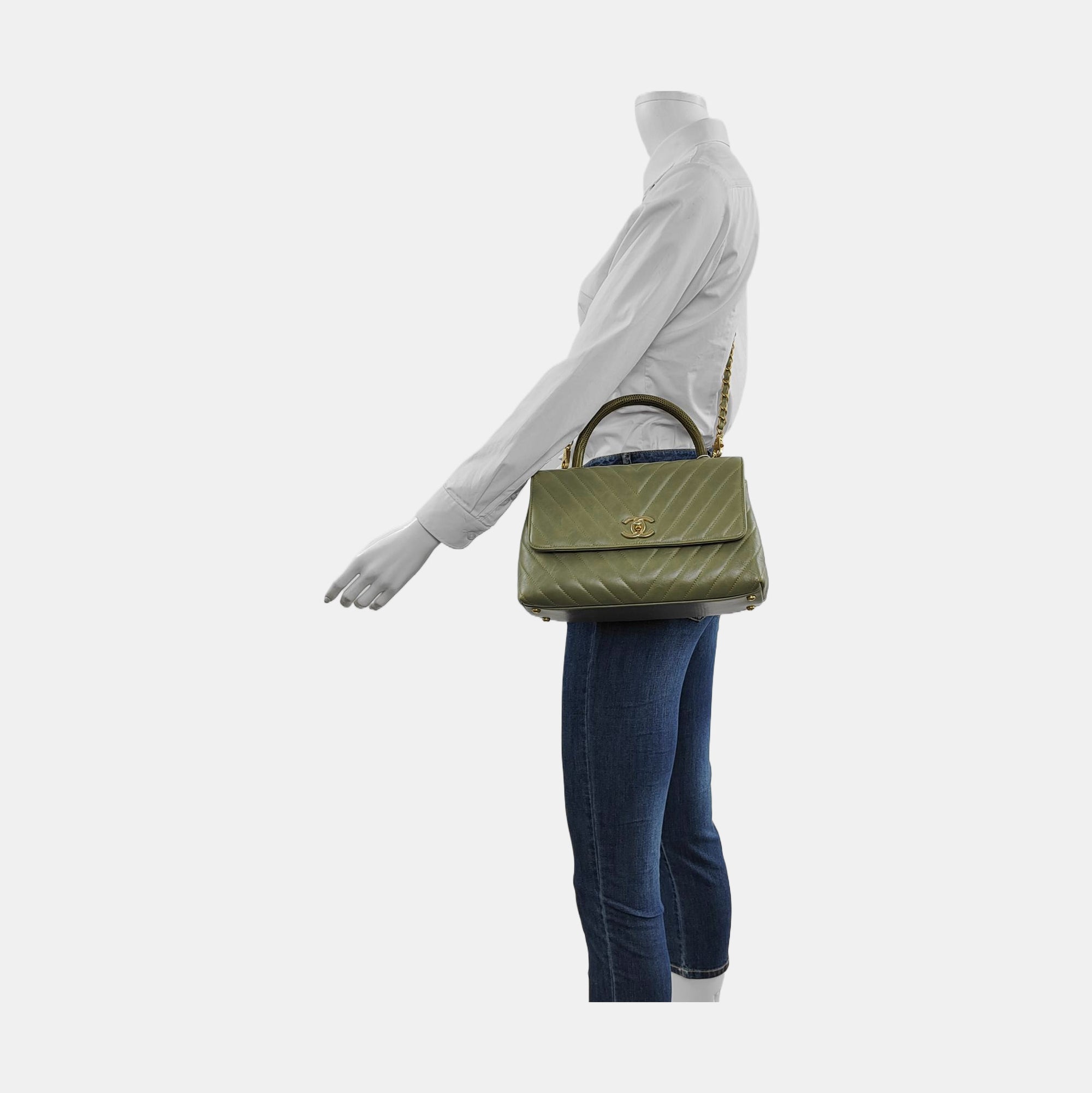COCO HANDLE Medium Chevron, Quilted Calfskin Green