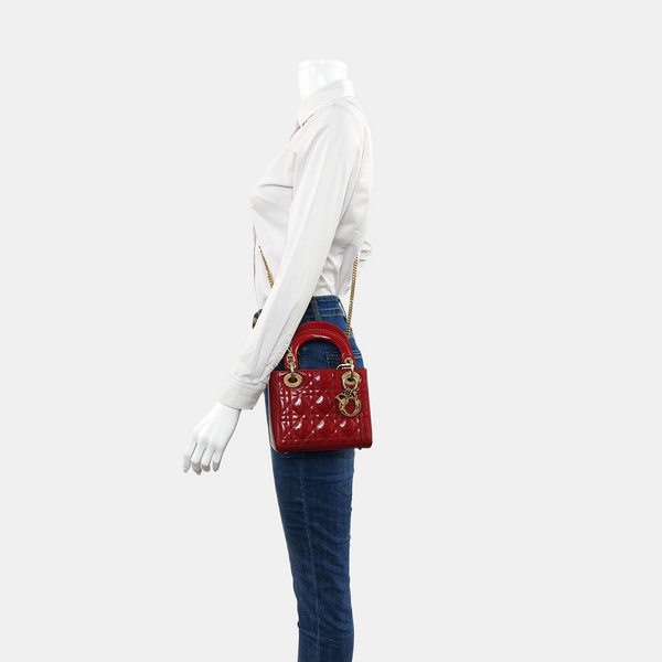 Lady Dior Mini Cannage Patent Calfskin Red