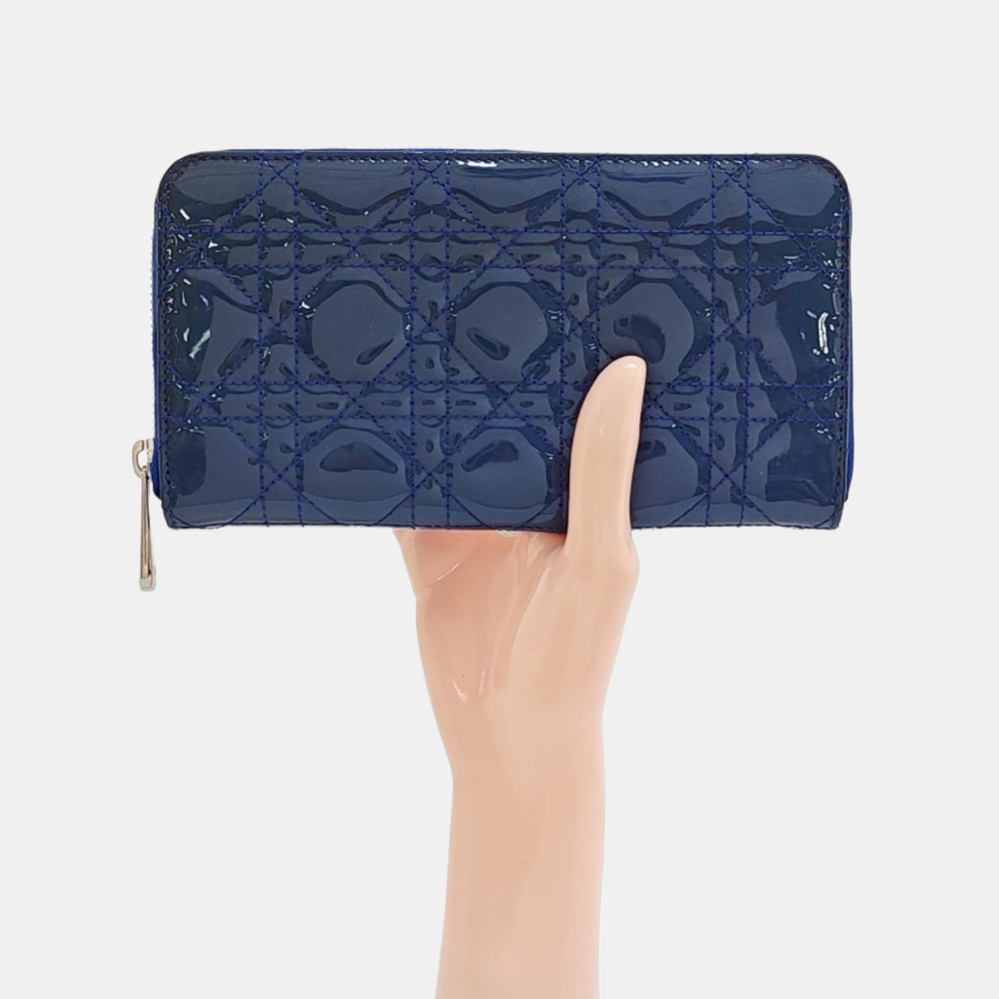 Lady Dior Small Cannage Patent Leather Blue Wallet