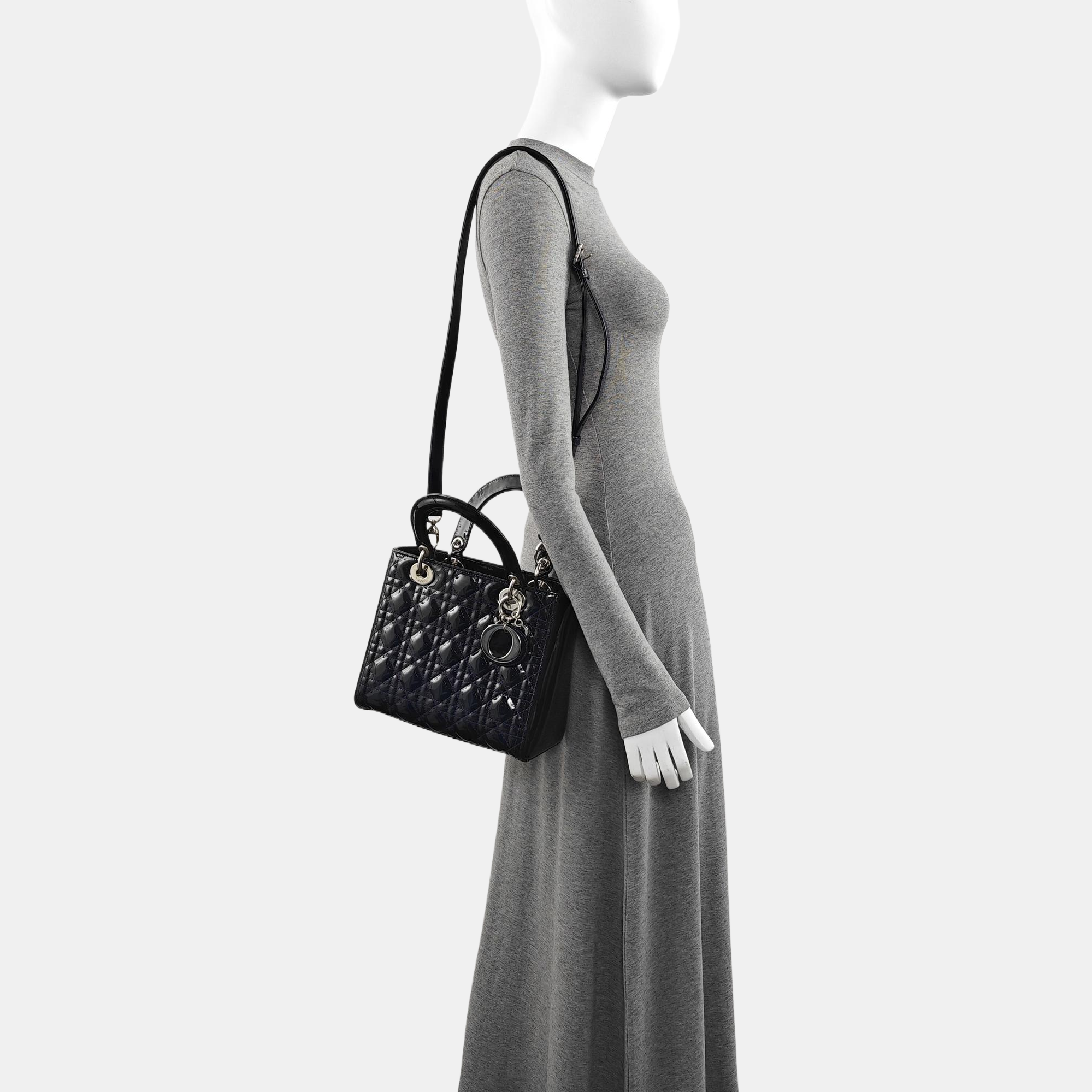 Authenticated pre-owned  Lady Dior Medium Quilted Patent Leather Blue - Tote Bag at Looply