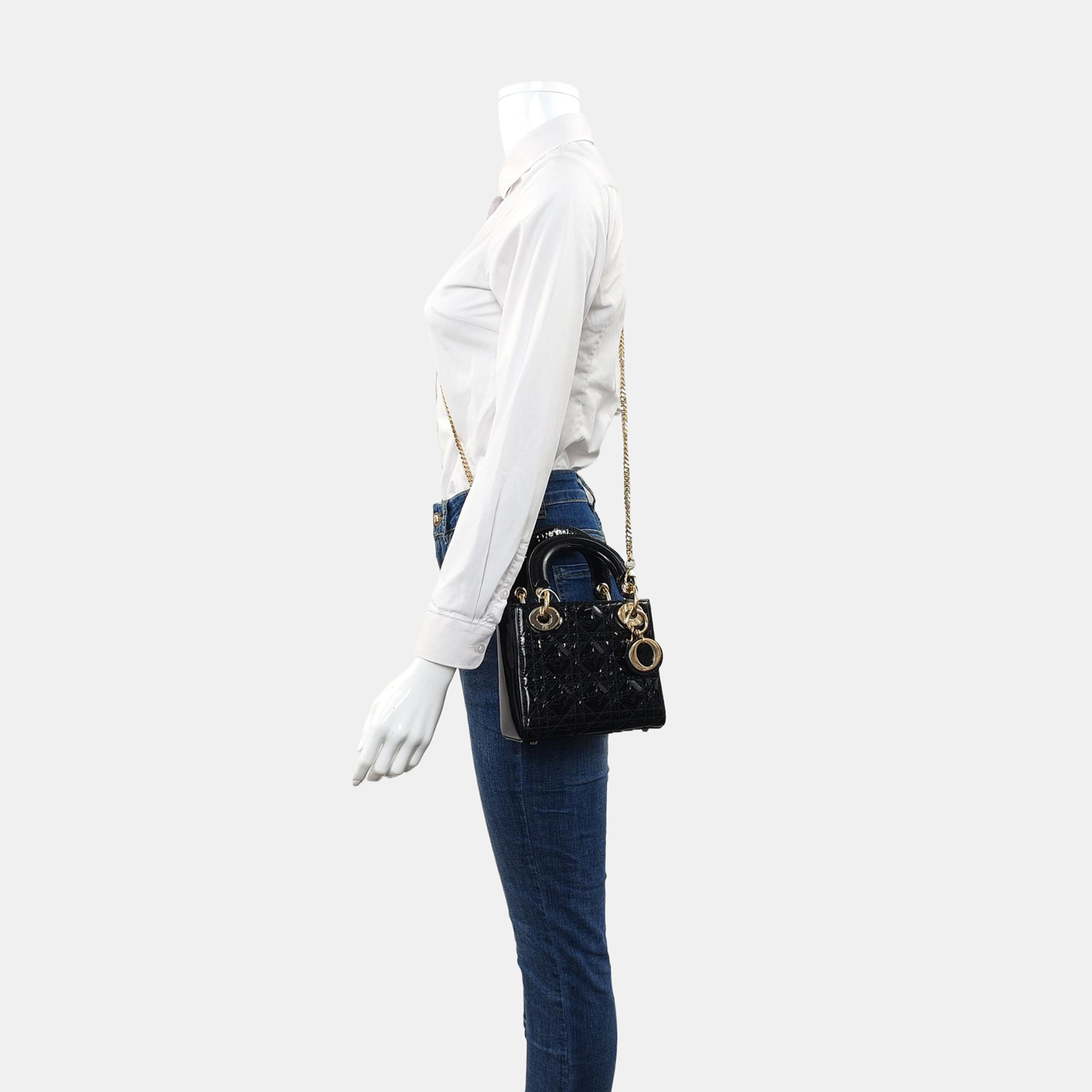 Authenticated pre-owned  Lady Dior Mini Quilted Patent Leather Black - Tote Bag at Looply