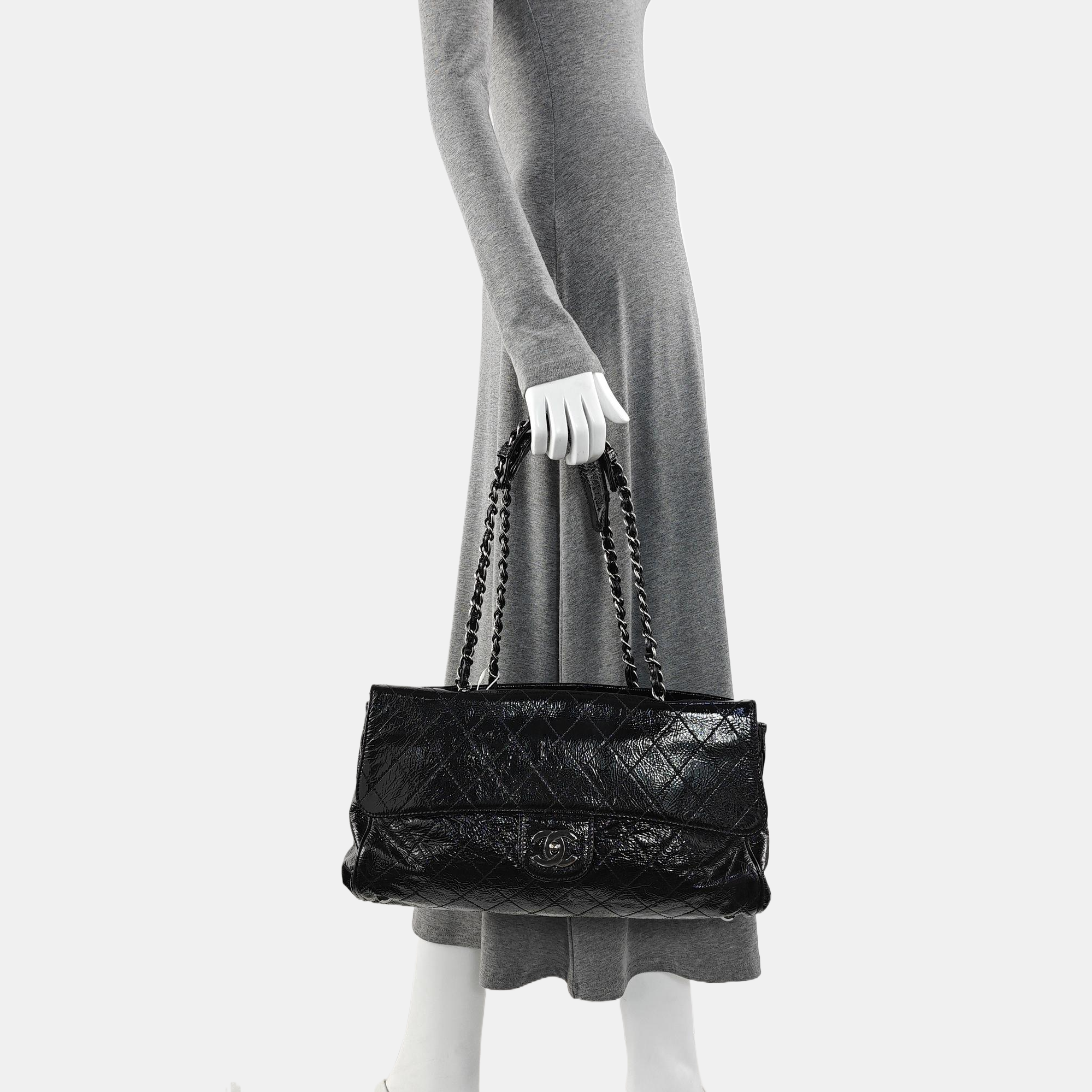 Quilted Patent Leather Shoulder Bag Black