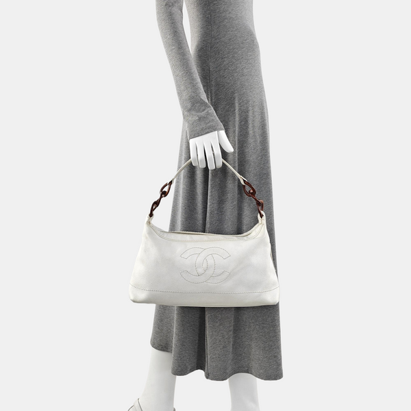 Quilted Grained Calfskin Shoulder Bag White