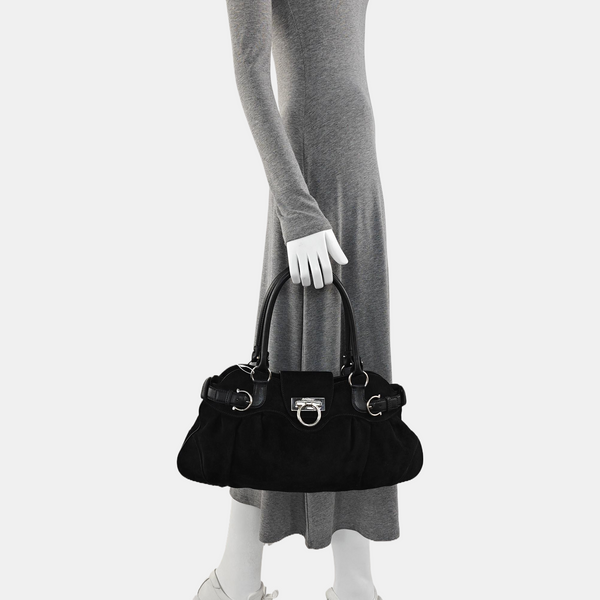 Suede Top Handle Bag Black