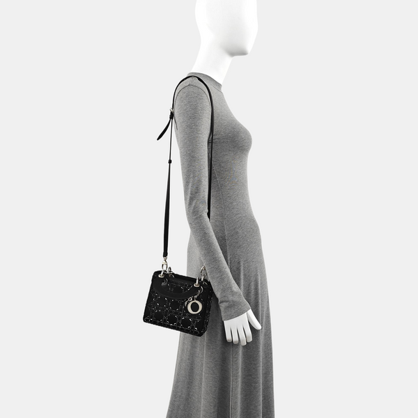 Authenticated pre-owned  Lady Dior Mini Silk Satin Black - Tote Bag at Looply