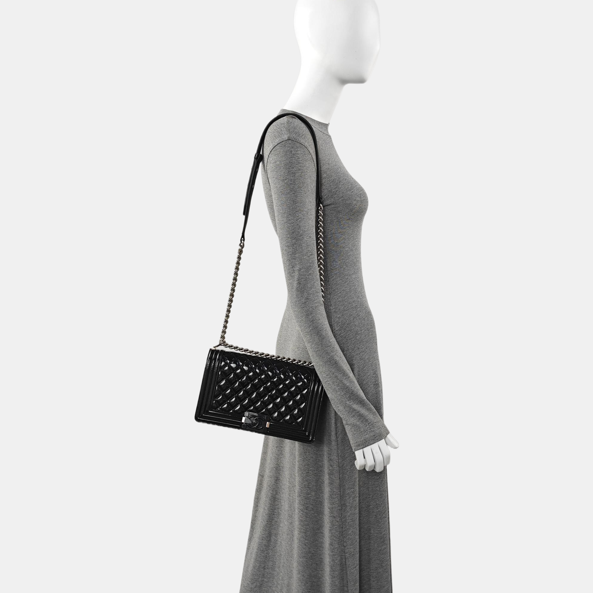 Authenticated pre-owned  BOY CHANEL Medium Quilted Patent Leather Black - Shoulder Bag at Looply