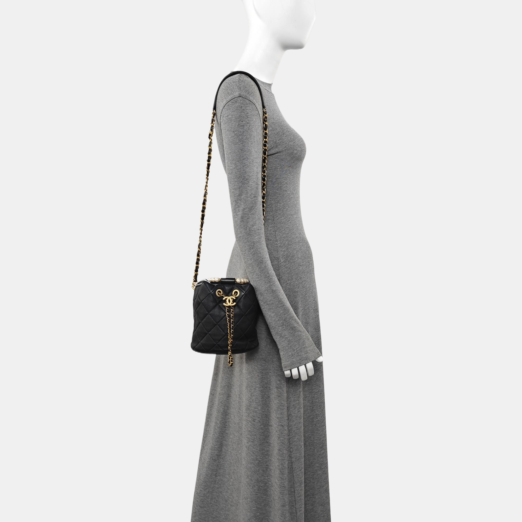 Quilted Lambskin Bucket Bag Black