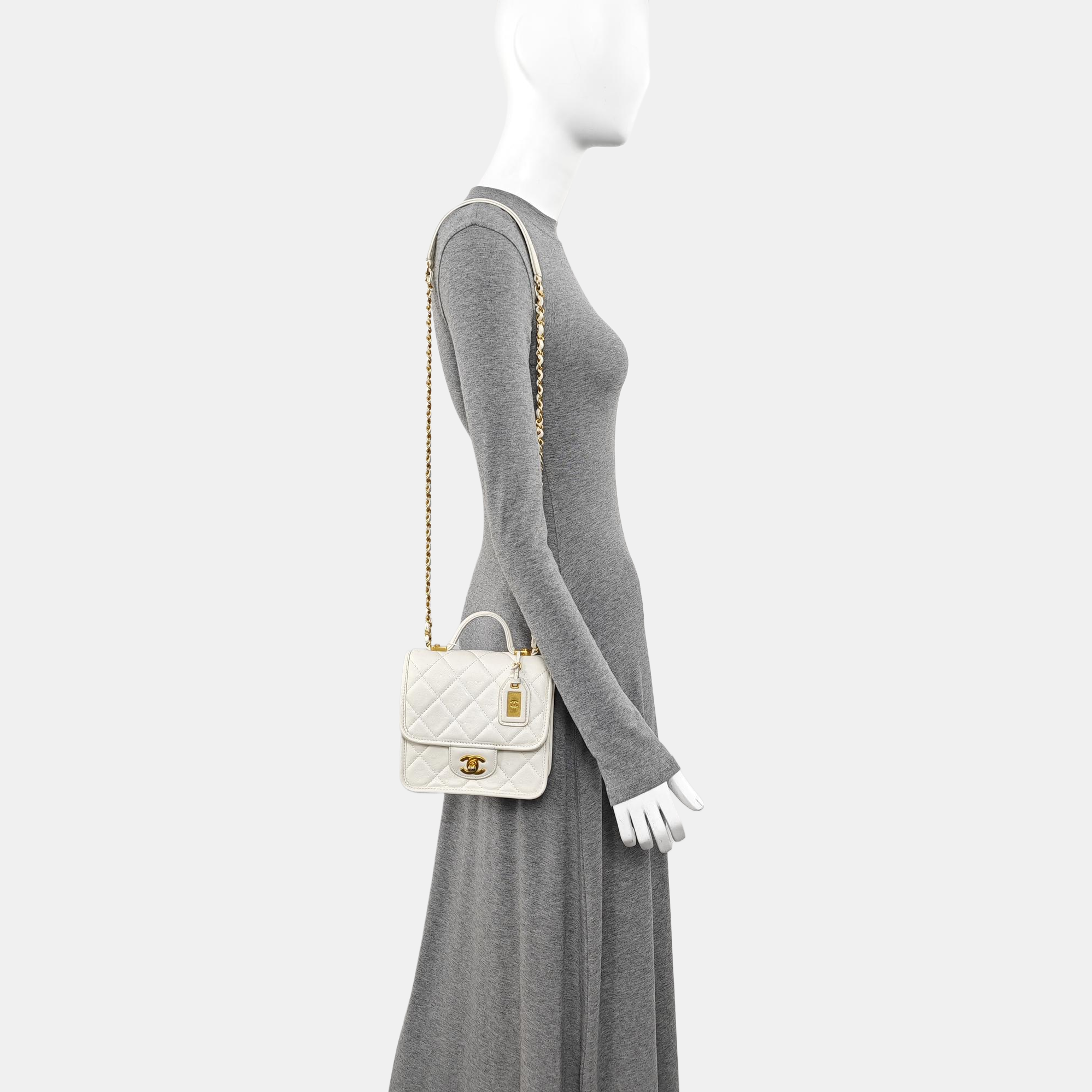 Quilted Grained Calfskin Shoulder Bag Small White