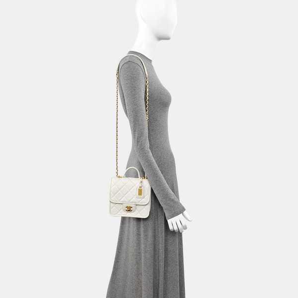 Quilted Grained Calfskin Shoulder Bag Small White