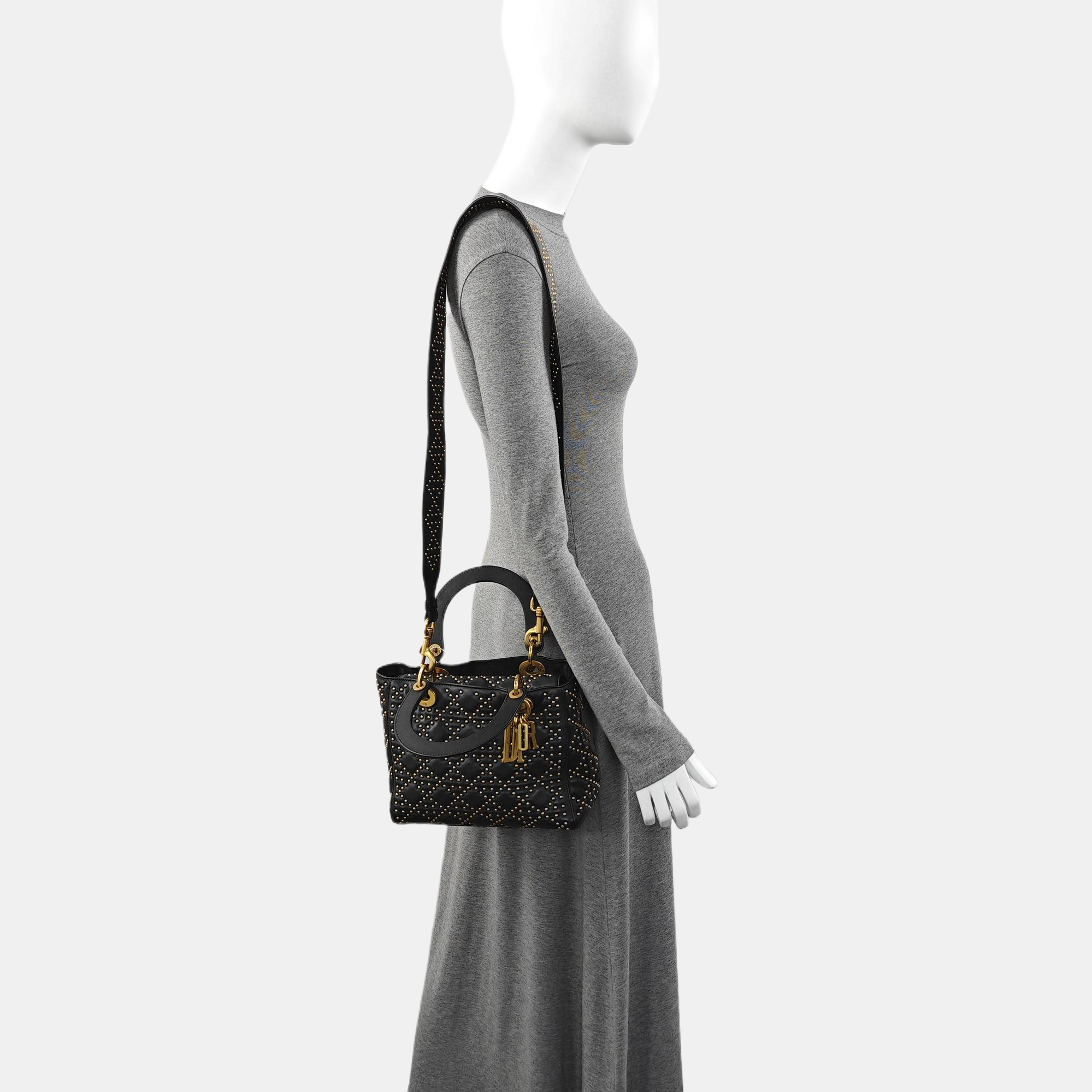 Authenticated pre-owned  Lady Dior Medium Cannage Calfskin Black - Tote Bag at Looply