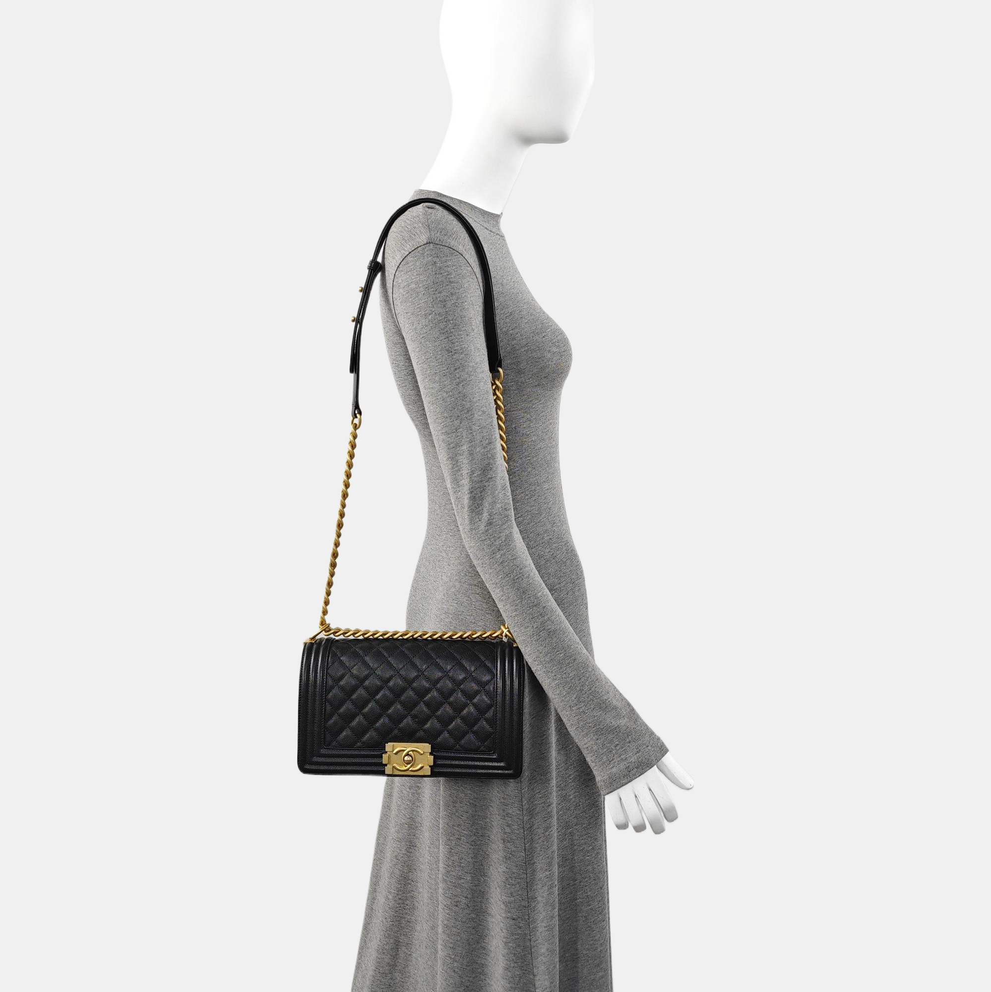 Authenticated pre-owned  BOY CHANEL Medium Quilted Grained Calfskin Black - Shoulder Bag at Looply