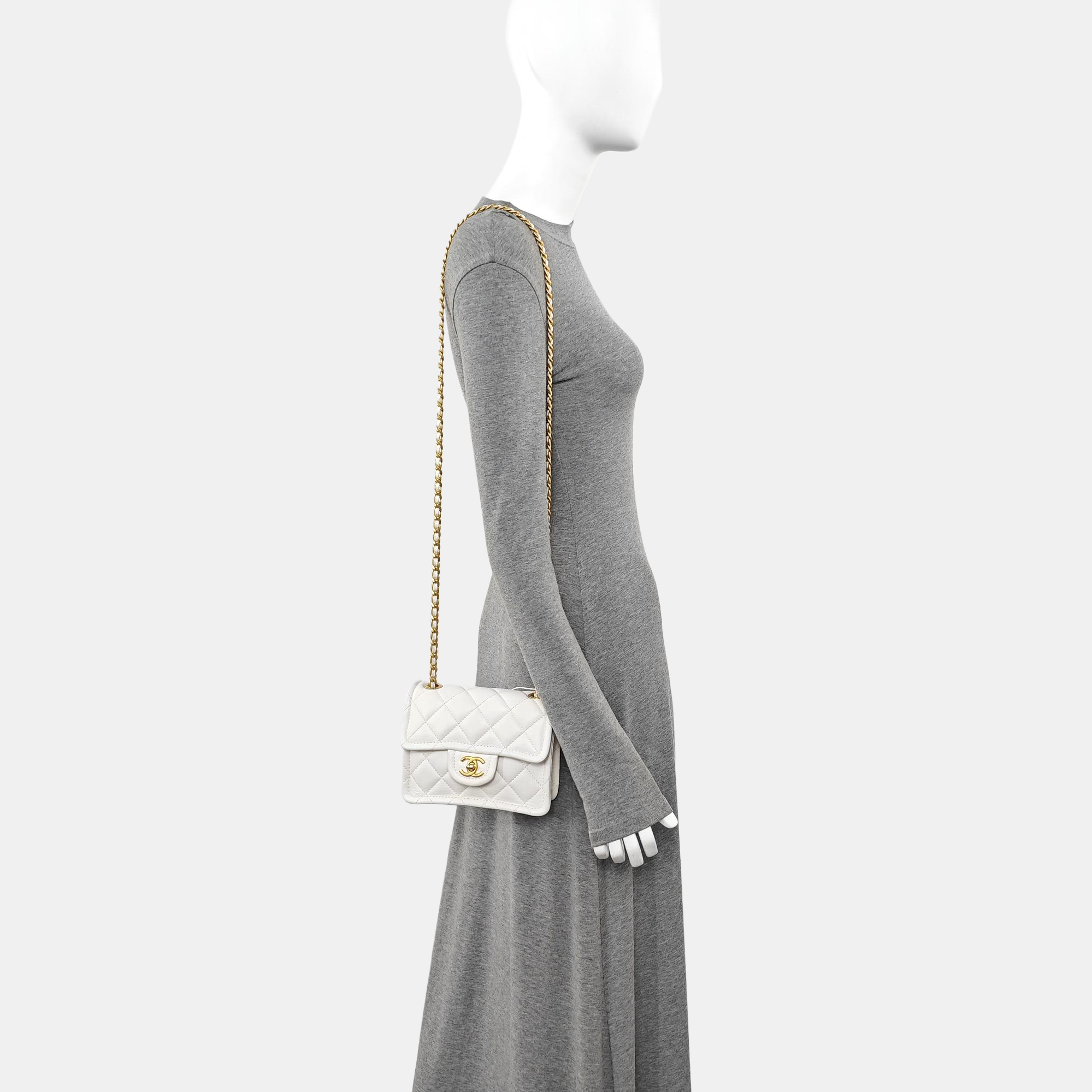 Quilted Grained Calfskin Shoulder Bag White