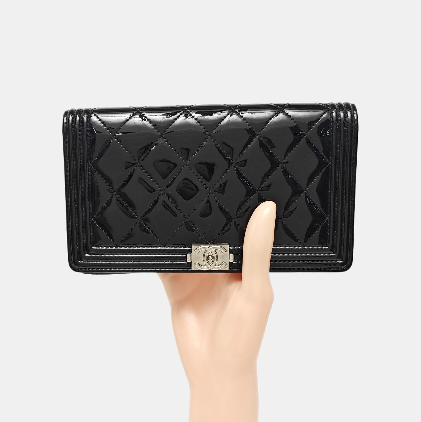BOY CHANEL Mini Quilted Patent Leather Black Wallet