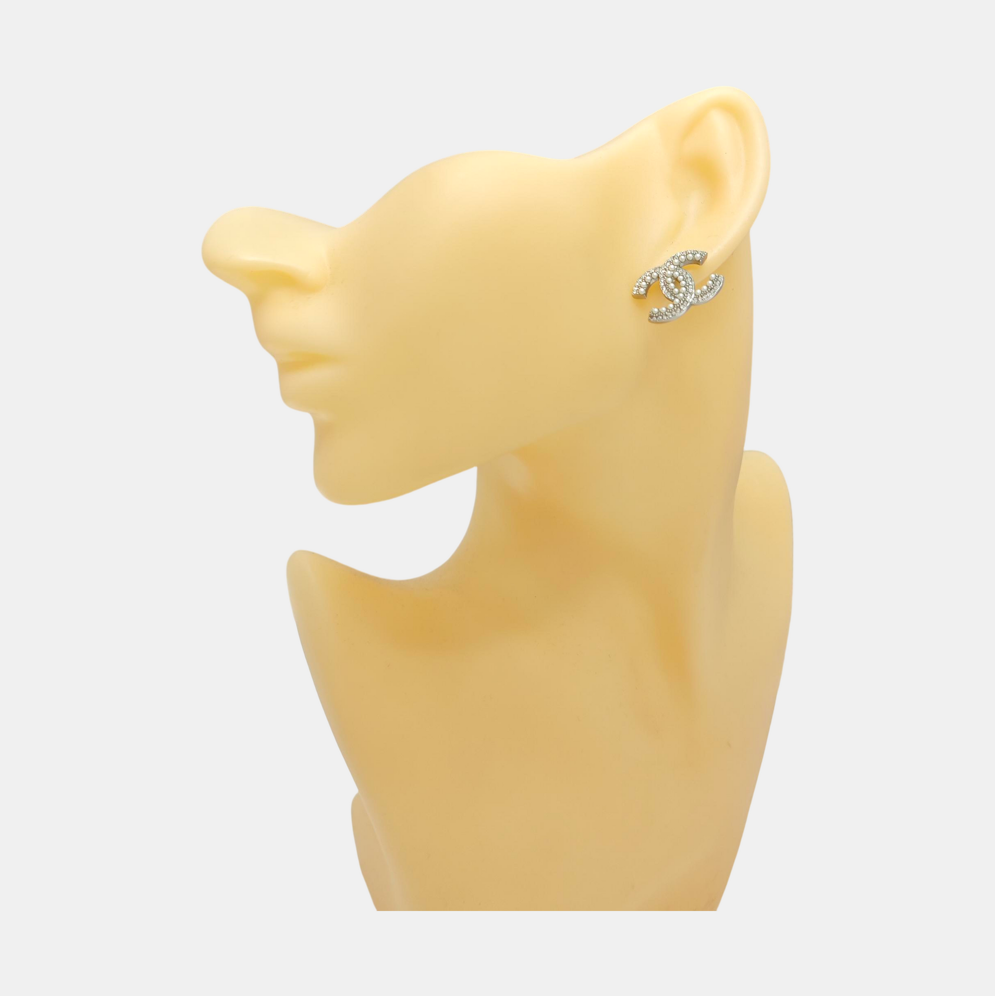 CC Logo Metal Silver Stud Earrings