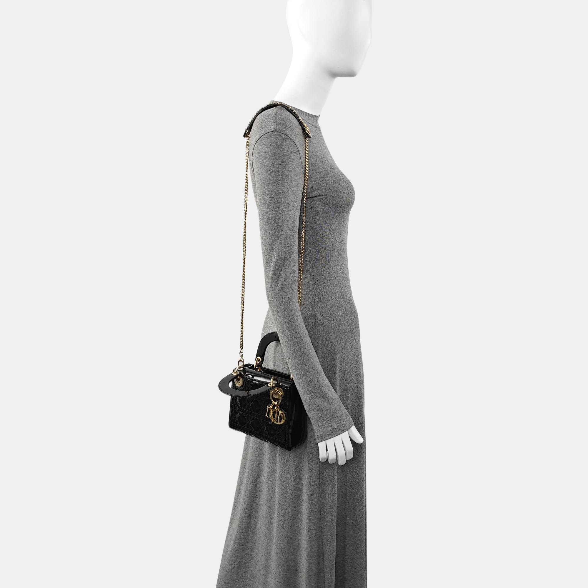 Lady Dior Mini Cannage Patent Leather Black
